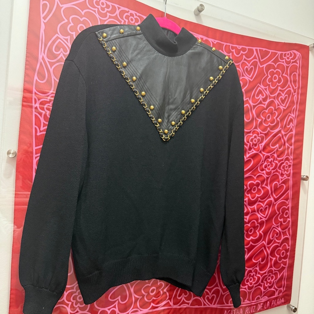 St. John Leather Studded Sweater